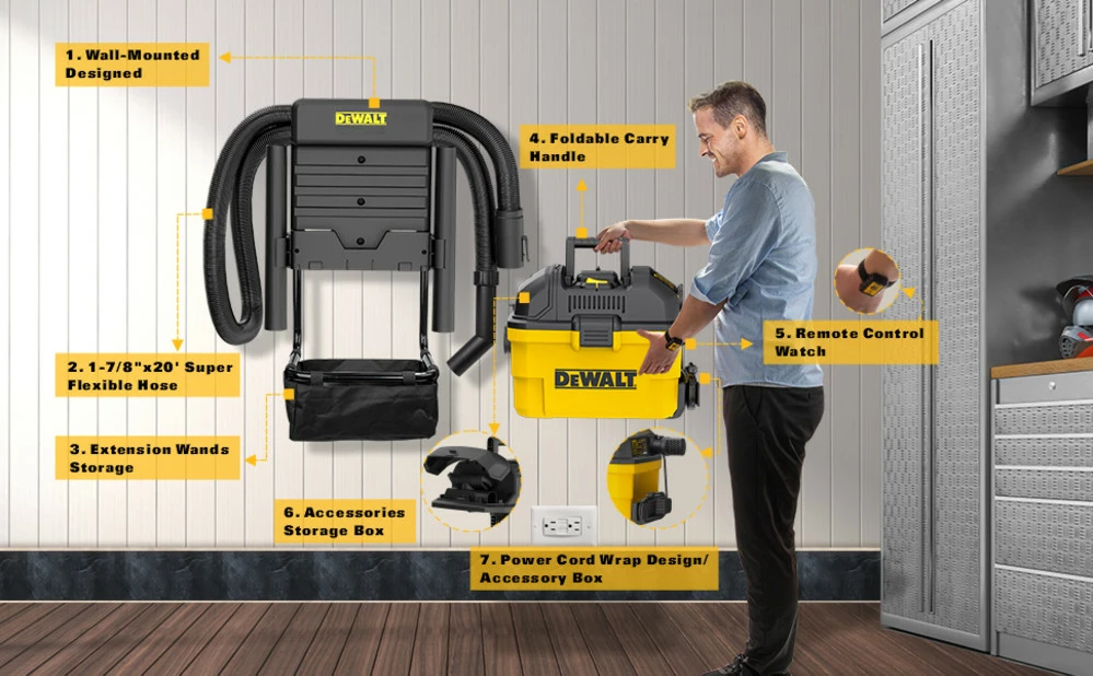 DEWALT 6 Gallon Wall Mounted Wet/Dry Vacuum With Wireless On/off Control 6 DEWALT 6 Gallon Wall Mounted Wet/Dry Vacuum With Wireless On/off Control - Image 4