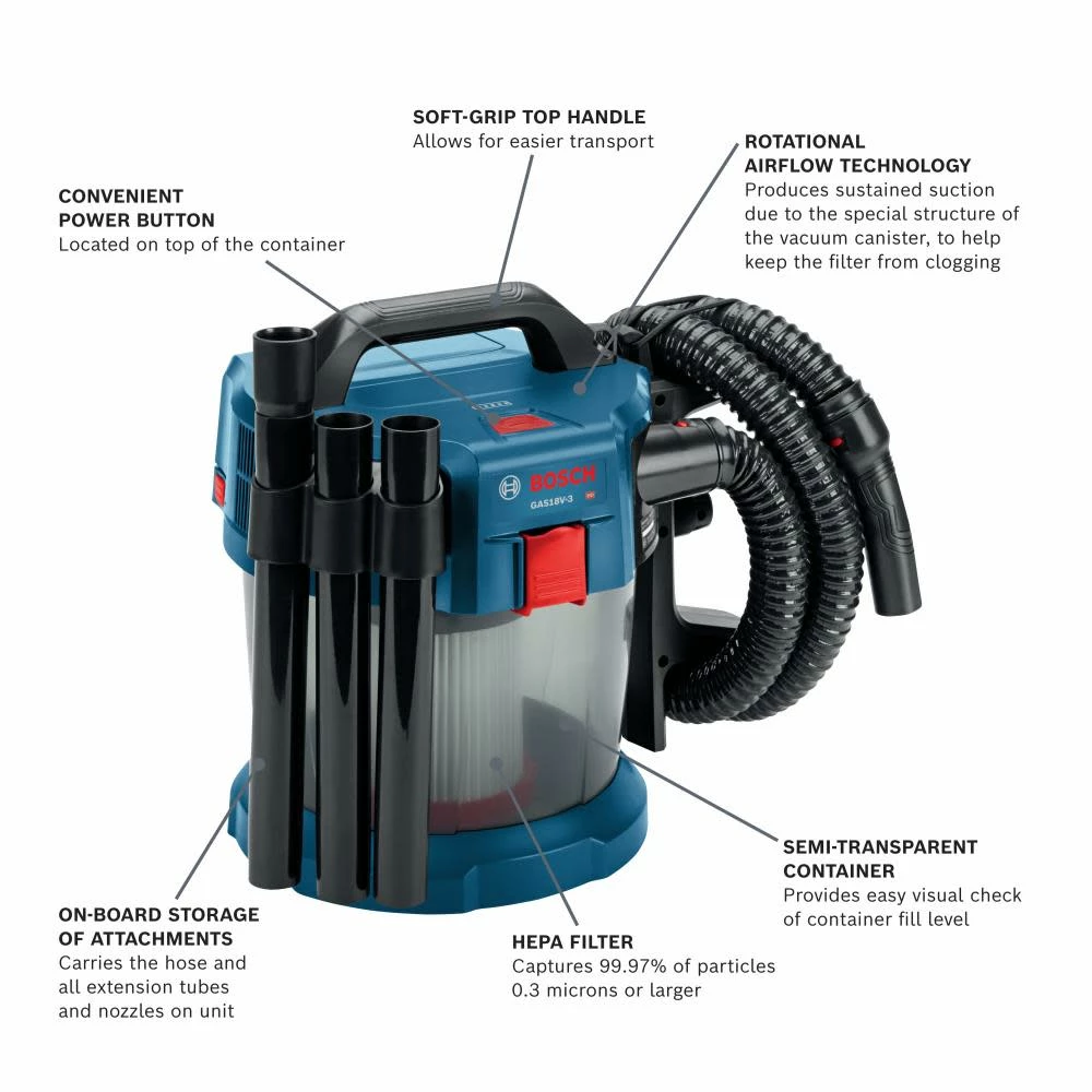 Bosch 18 V 2.6-Gallon Wet/Dry Vacuum Cleaner With HEPA Filter (Bare Tool) 8 Bosch 18 V 2.6-Gallon Wet/Dry Vacuum Cleaner With HEPA Filter (Bare Tool) - Image 6